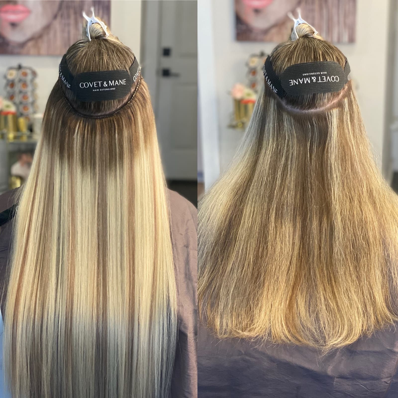Custom-colored extension wefts before and after color matching
