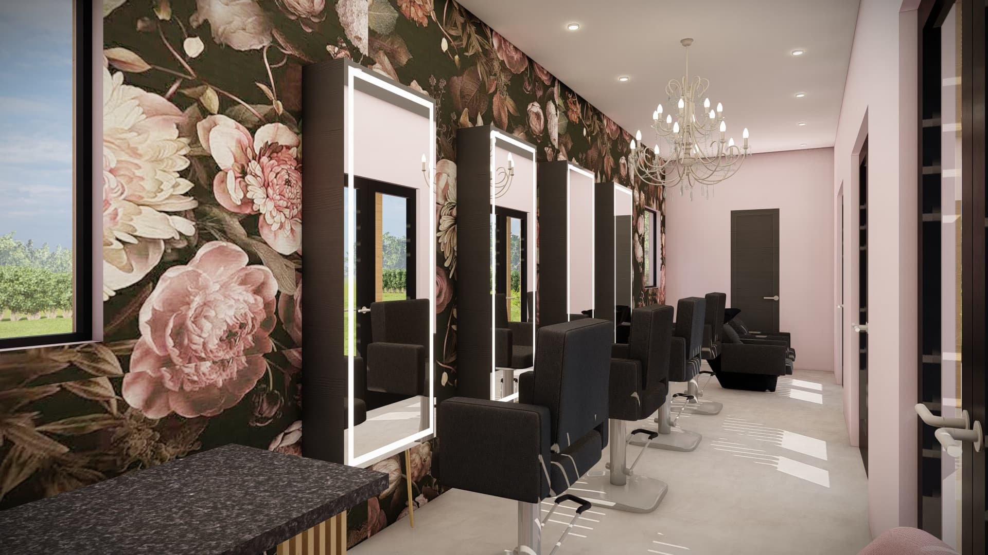 Inside Bloom Salon ATX — styling stations with floral wallpaper in Austin, Texas